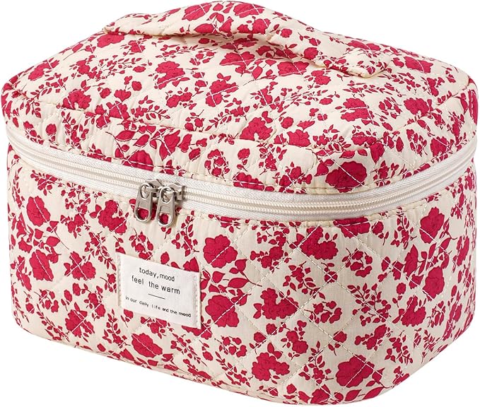 uekeboag Large Travel Quilted Makeup Bag for Women | Soft Floral Cotton Cosmetic Bag, Foldable Coquette Aesthetic Toiletry Organizer