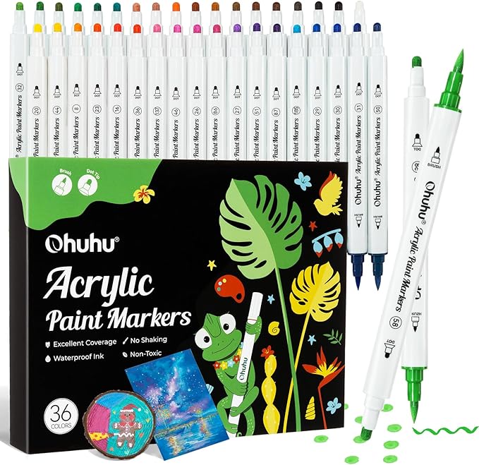 Ohuhu Acrylic Paint Markers Dual Tips: 36 Colors Brush & Dot Paint Pens High Opacity Acrylic Markers Water-Resistant Lightfast for Rock Painting 3D Prints Eggs Wood Glass Ceramic DIY Crafts - Akaka