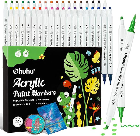 Ohuhu Acrylic Paint Markers Dual Tips: 36 Colors Brush & Dot Paint Pens High Opacity Acrylic Markers Water-Resistant Lightfast for Rock Painting 3D Prints Eggs Wood Glass Ceramic DIY Crafts - Akaka