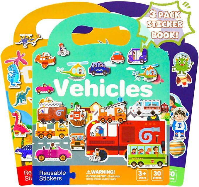 Reusable Sticker Books for Toddlers 1-3, Puffy Stickers Book for Kids Ages 2-4, Toddler Travel Essential Activities Toys for Boy Girl Birthday Christmas - Vehicle, Space and Dinosaur (3 Set)