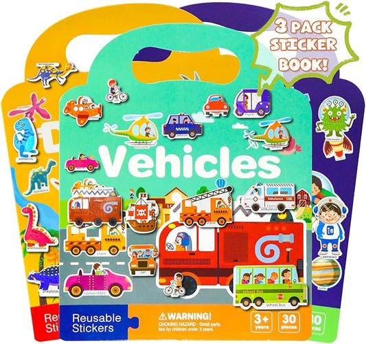 Reusable Sticker Books for Toddlers 1-3, Puffy Stickers Book for Kids Ages 2-4, Toddler Travel Essential Activities Toys for Boy Girl Birthday Christmas - Vehicle, Space and Dinosaur (3 Set)