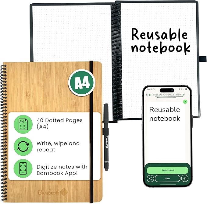 Bambook Classic Notebook - Bamboo Wood Hard Cover - A4 - Polka Dot Reusable Notebook, Notebook, Reusable Notebook