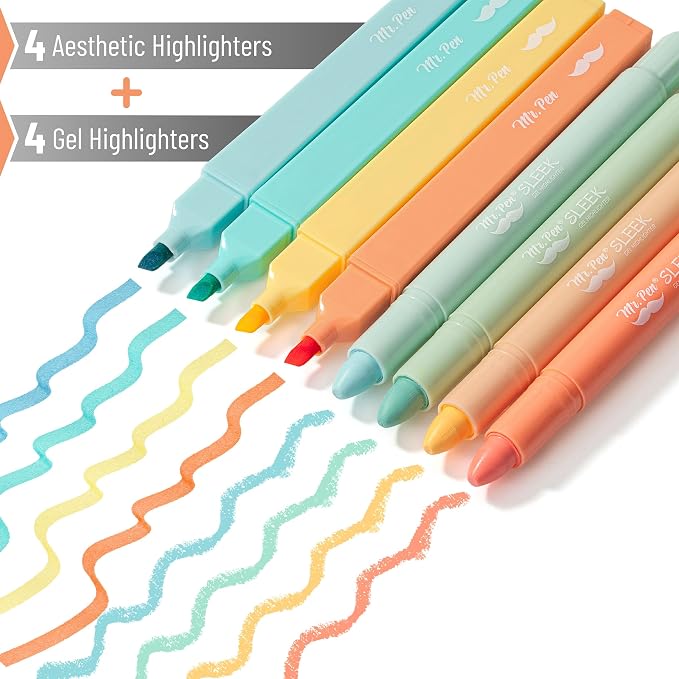 Mr. Pen- Aesthetic Highlighters and Gel Highlighters, 8 Pack | Pastel Color Bible Highlighter No Bleed, No Bleed Highlighter for Bibles, Fast Dry for Bible Journaling, Planner