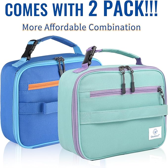 Genteen 2 Packs Insulated Soft Lunch Bag With Double Zipper - Sturdy, Freezable and Reusable for Kids, Men - For School, Work, Outdoor (Blue+Green)