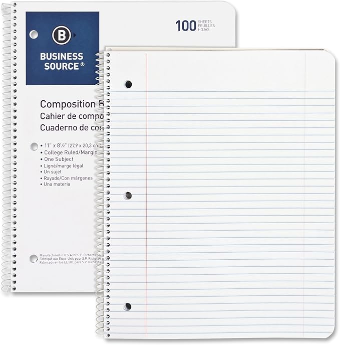 Business Source Wirebound College Ruled Notebooks - Letter, White, 100 Sheets