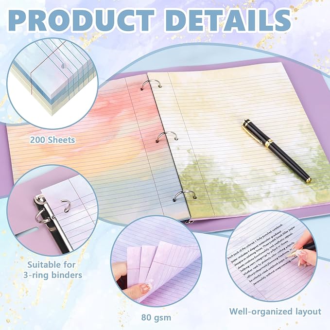 200 Sheets Letter Size Colored Loose Leaf Paper College Ruled For 3-Ring Binder 8.5" × 11" Colored Lined Filler Notebook Paper College Ruled Notepad 3-Hole Punched Watercolor 80gsm For School Office