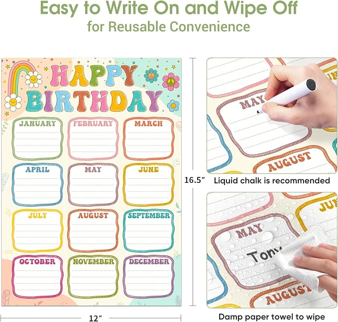 FaCraft Boho Birthday Chart Poster for Classroom - 16.5"x12" Reusable Laminated Happy Birthday Calendar with Glue Dots Bulletin Board Decorations Back to School Teacher Supplies Class Wall Decor