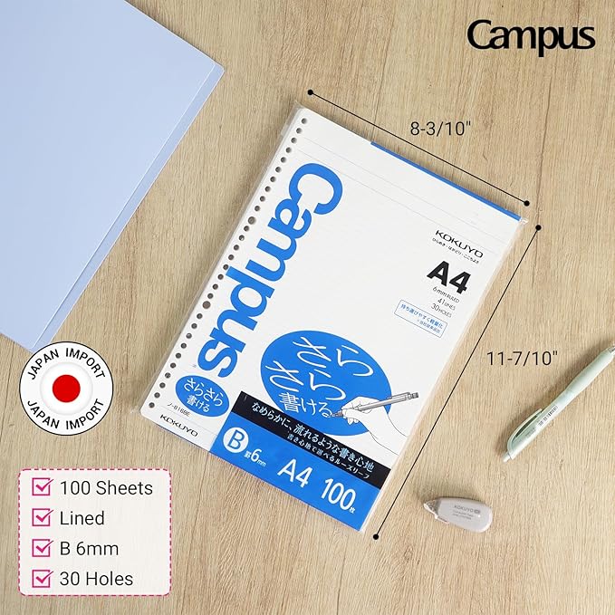 Kokuyo Campus Loose Leaf Paper, A4 Filler Paper with B 6mm Ruled, 100 Sheets 75 GSM Sarasara Smooth Writing, 30 Holes, 11-3/4"x8-1/4” Binder Notebook Bleed Resistant Paper (NO-816BE)