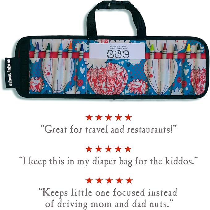 Urban Infant Kids Crayon Travel Case Carrier – Comes With Set of 10 Non-Toxic Crayons and Draw Booklet – Toddler Activity – Easy Wallet-Style Close and Clipping Handles - Balloons