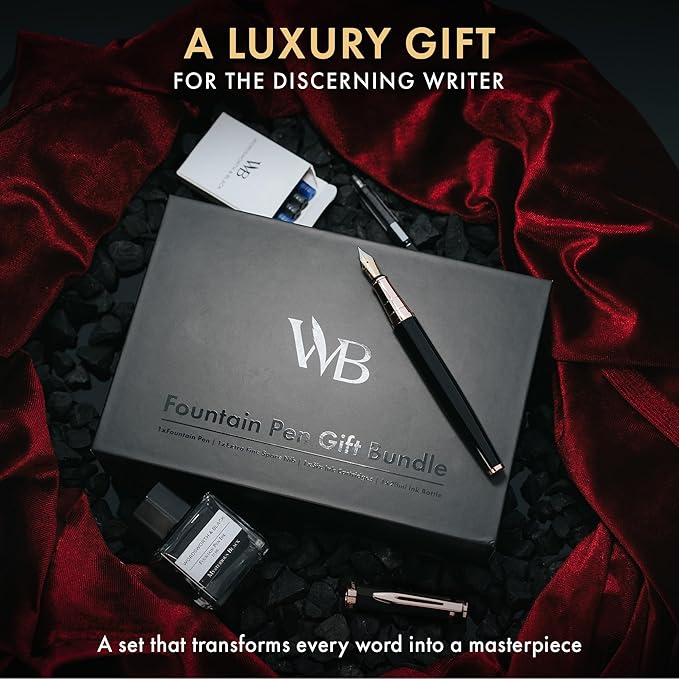 Wordsworth & Black Fountain Pen Set, 18K Gilded Medium and Extra Fine Nib, 25ML Black Bottle, 6 Ink Cartridges, Refill Converter, Smooth Writing Pens [Black Rose Gold], Gift Set for Men and Women