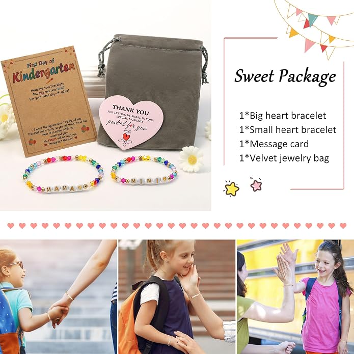 BAYLAY Back to School Bracelet - First Day of School Preschool/Kindergarten/1st Grade/2nd Grade/Back to School Stuff Gifts Supplies Mommy and Me Mommy Daughter Bracelets Heart Beaded Bracelets Gifts