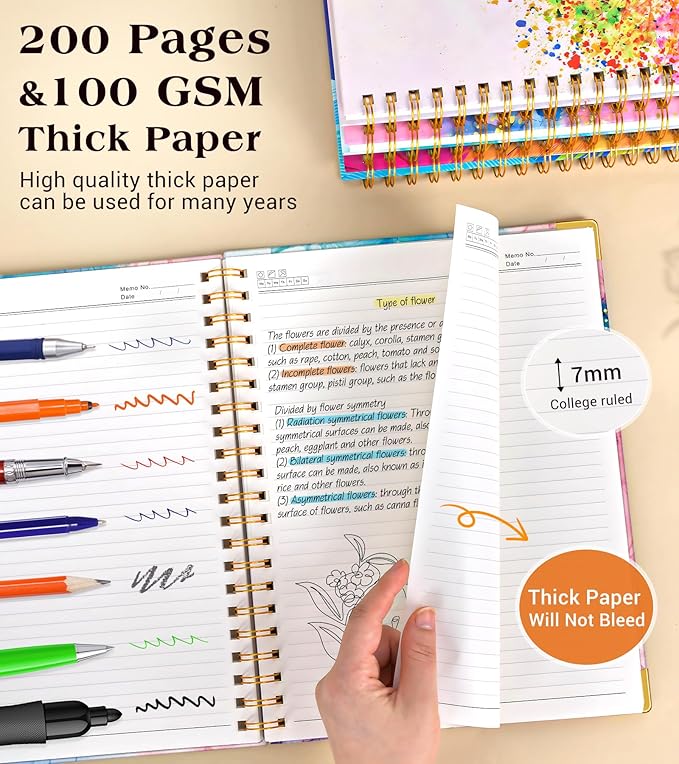 Lined Spiral Notebook Journal for Women, 150 Pages Cute Notebooks 5.75” x 8.38”, A5 Hardcover Spiral Journals with 100 GSM Thick Paper, College Ruled Notebook for Writing Work School, Pink Blue Marble
