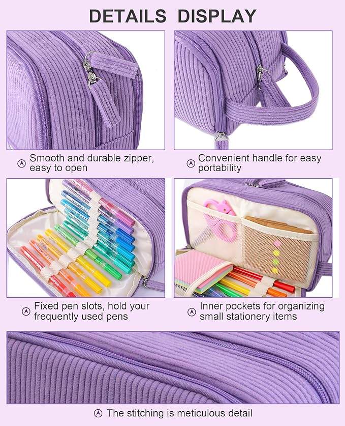 3 Compartment Pencil Case, Extra Large Capacity School Supplies Pencil bag with Easy Handle, Soft Corduroy Pencil Pouch, Aesthetic Supply Pen Case Bag Organizer For Teen Girls College (Blue)