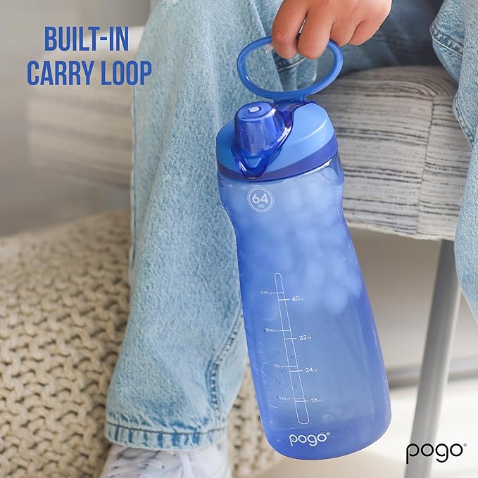 Pogo 64oz Plastic Water Bottle with Leak-Proof Chug Lid and Carry Handle, Reusable, BPA Free, Capacity Markings, Dishwasher Safe, Perfect for Travel, School, Outdoors, and Gym, Purple