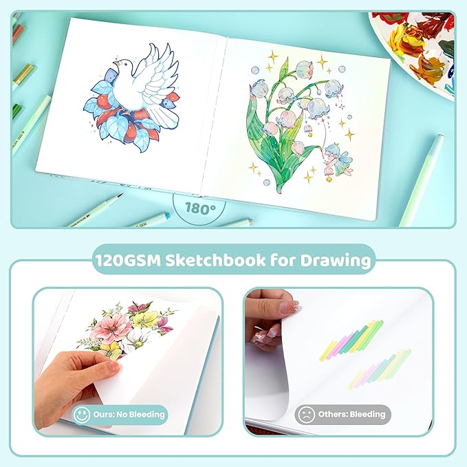 FLYING EAGLE Blue Sketchbook for Kids, 8"X 8" Square Sketch Book & Drawing Pad, 60 Sheets/120 Pages, 120lb/200GSM Heavy Paper, Bleed-Resistant Hardcover Drawing Book for Girls Teens, Gift Boxed