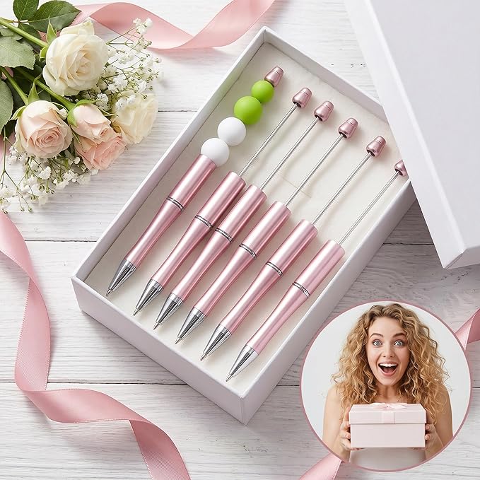 jiebor 30Pcs Beadable Pens Plastic Bead Ballpoint DIY Cute Cool Pens Black Ink for Women Men Bridal Graduation Gift Office Supplies Rose Gold