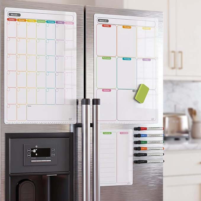 Magnetic Dry Erase Calendar Set for Fridge, Vertical Monthly and Weekly Planner Board with to Do List Notepad, Reusable Refrigerator Organizer with 6 Fine Tip Markers and Eraser