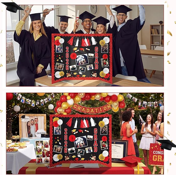 31 Pcs Graduation Photo Display Board Decoration 40"x28" Trifold Poster Board Graduation Themed Stickers Grad Fan Tassel Garland for 2026 Grad Party College Picture Frame (Red Black White)