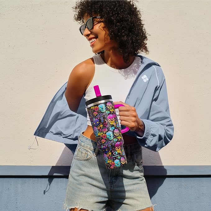 ENCOOL 40 oz Tumbler with Handle and Straw: Stainless Steel Insulated Tumbler Keeps Cold for 24 Hours, Leakproof Travel Cup Fits in Cup Holder and BPA-Free, Trippy Skulls