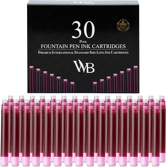 Wordsworth & Black Fountain Pen Ink Refills - Set of 30 Pink Ink Cartridges - International Standard Size - Length APPR 2.3" - Base Diameter APPR 0.24 Inch - Disposable and Generic