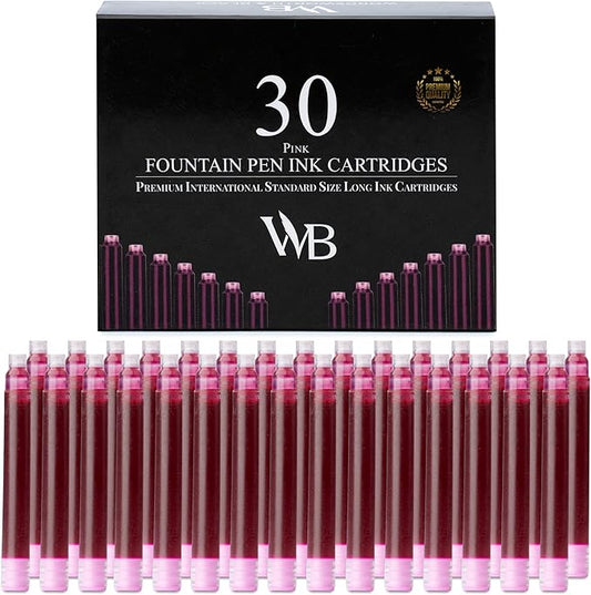 Wordsworth & Black Fountain Pen Ink Refills - Set of 30 Pink Ink Cartridges - International Standard Size - Length APPR 2.3" - Base Diameter APPR 0.24 Inch - Disposable and Generic