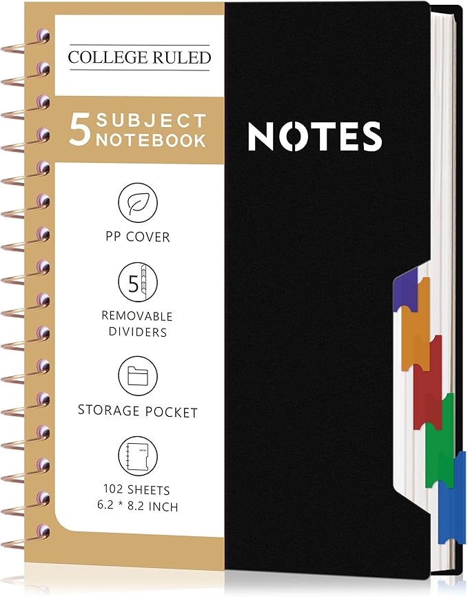 CAGIE Small Spiral Notebooks with Removable Dividers Tabs, 5 Subject Notebook College Ruled 6''×8'', A5 Notebooks for School Work with Plastic Cover, Back Pocket, Spiral Bound, Black