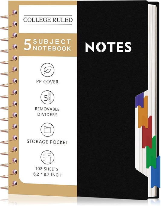 CAGIE Small Spiral Notebooks with Removable Dividers Tabs, 5 Subject Notebook College Ruled 6''×8'', A5 Notebooks for School Work with Plastic Cover, Back Pocket, Spiral Bound, Black