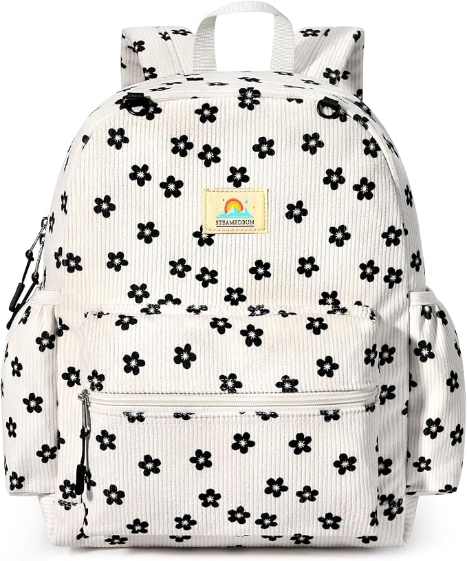 STEAMEDBUN Corduroy Kids Backpack for Girls and Boys 5-8: Girls Backpack for Elementary Kindergarten - 15 inch Cute Backpacks for Kids - Flower