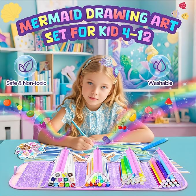 Mermaid Arts and Crafts for Girls Ages 4-5-6-7-8, 70 PCS Art Supplies Set with Bonus Mermaid Hairpin, 3D Glitter Case, Washable Dual Tip Markers, Scented Gel Pens & Twist-up Crayons, Birthday Gift