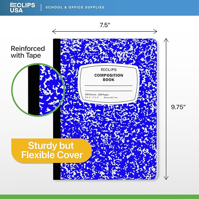 Composition Notebook Wide Ruled Composition Notebooks Bulk Blue Marble Hard Cover Wide Ruled Notebook Paper Note Books For Schools Marble Composition Books 100 Sheets 200 Pages 9.75” x 7.25” (6 Pack, Blue)