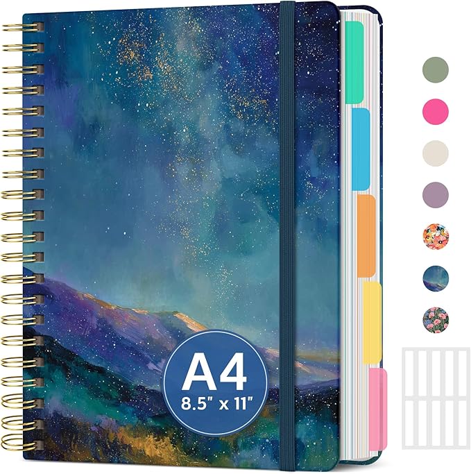 Large Spiral Lined Notebooks for Work with Removable Dividers & Tabs, 8.5"x11" Pretty Hardcover 5 Subject Notebook Journal for Women, College Ruled, Perfect for Study & Office Organization, 280 Pages,Starlit Peaks