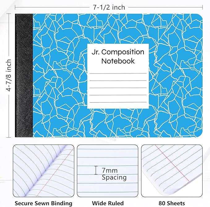 Resurhang 24 Pcs Jr. Composition Notebooks Colored Marble Half Size 4-7/8 x 7-1/2 Inches Composition Notebook 80 Sheet Marble Wide Ruled Assorted Primary Cover Notepad Bulk (Bright Color)