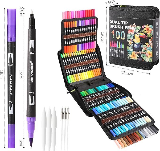 TOSHARE Art Markers Pens Dual Tip Coloring Markers Set with Brush & Fine Nib for Adult Coloring Book Brush Pens Professional Calligraphy & Drawing Art Supplies Kit for Adults (100 Colors)