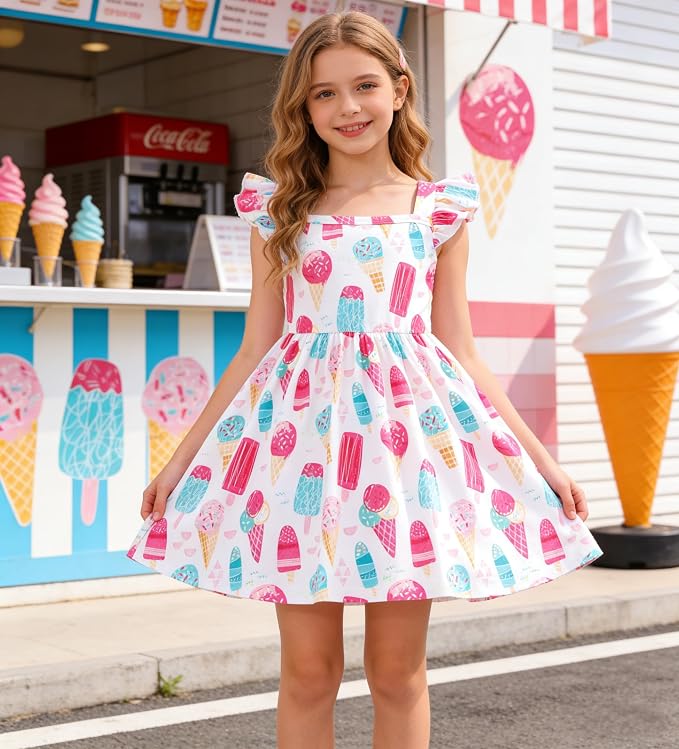Popshion Girls Dresses Flutter Sleeve Swing Sundress Toddler Summer Clothes Kid Birthday Party Sleeveless Dress 1-8 Years Old