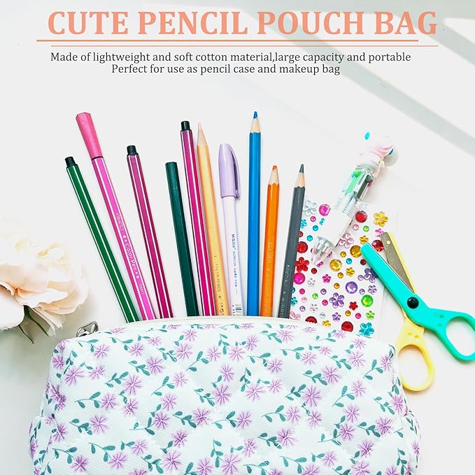 Pencil Pouch Cute Pencil Case Office Storage Bag Holder Box Organizer Aesthetic Bow Flower Pattern Makeup Pouch Cosmetic Bag for Women Girls