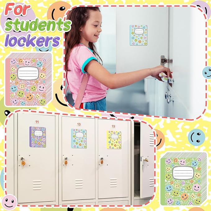 Crtiin Magnetic Name Tags for Lockers Composition Notebook Smile Face Dry Erase Labels Magnetic Reusable Name Tags for Back to School Whiteboard Classroom School Bus Locker Fridge