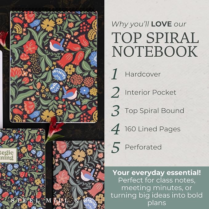 Steel Mill & Co. Large Top Spiral Notebook, Wanderlust Black