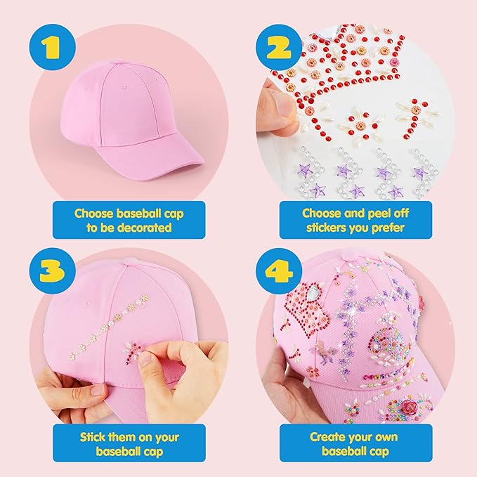 Klever Kits Decorate Your Own Baseball Cap with 7 Sheets Gems Stickers, Art & Crafts Kit for Kids, Fun Creative DIY Toys for Kids Girls