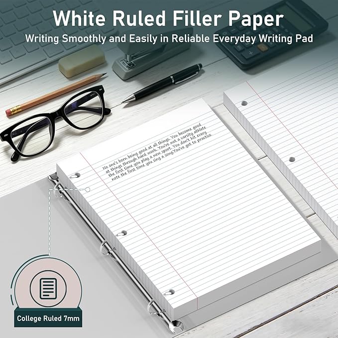 6 Pack Loose Leaf Paper, 120 Sheets Notebook Lined Pads, 8 x 10.5 College Ruled Filler Paper, 3-Hole Punched, White Loose Leaf Notebook Paper for 3 Ring Binders, for Home & Office, School Supplies