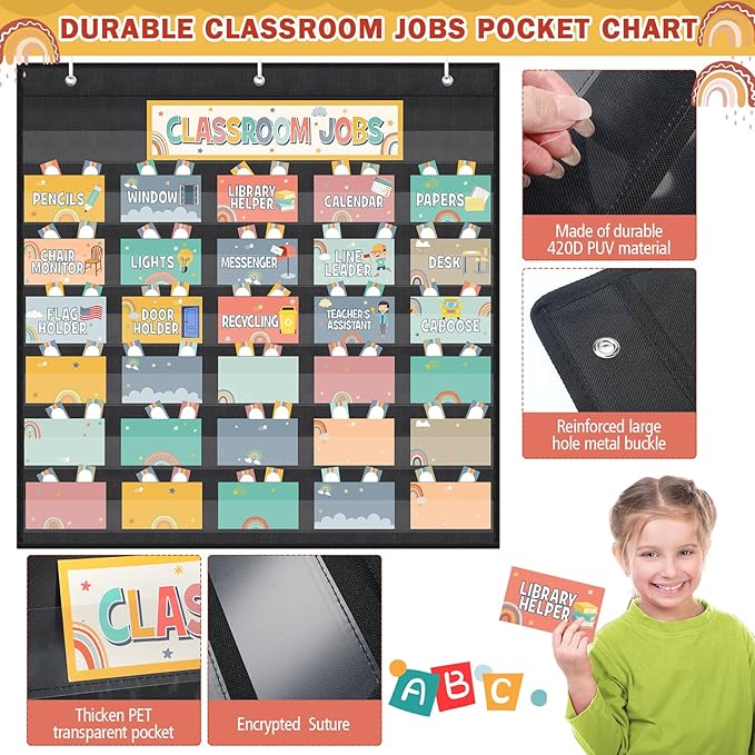 Qeeenar Class Jobs Pocket Chart with 96 Pcs Colorful Classroom Jobs Cards and 3 Hooks Boho Classroom Management Education Pocket Chart Teacher's Helper Class Bulletin Board for Back to School Supplies