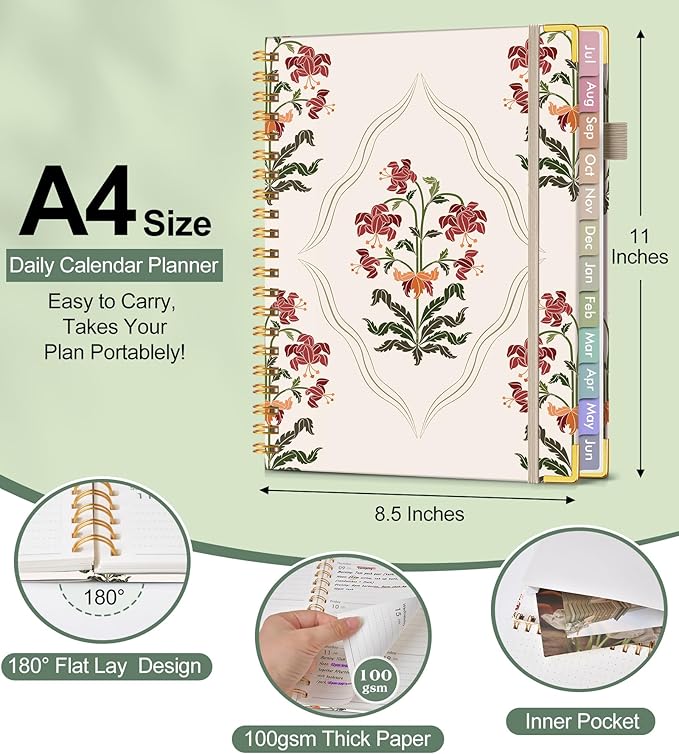 Academic Planner 2026-2027, Hardcover Weekly and Monthly Calendar Planner from July 2026 - June 2027, Daily Agenda Planners with Tabs, College School Organizer for Student Teacher, A4 (8.5" x 11"), Beige Bouquet