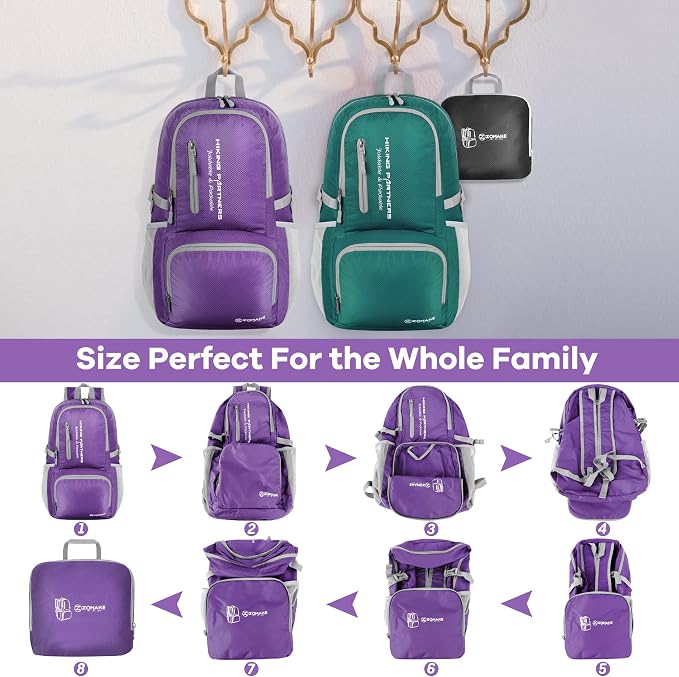 ZOMAKE Lightweight Packable Backpack, Water Resistant Foldable Daypack 35L | Light Hiking Backpacks Collapsible Day Pack for Travel, Everyday Carry, Multi Compartment Storage, Adjustable Strap (Purple)