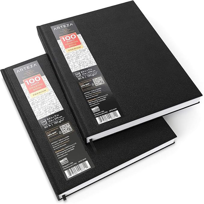 ARTEZA Hardcover Sketchbooks, Pack of 2, 8.5 x 11 in, 100 Sheets Each, 80 lb / 130 GSM, Acid-Free Fine-Tooth Drawing Paper, Faux Leather Hardbound for Graphite, Colored Pencil, Charcoal, Pastel & Ink