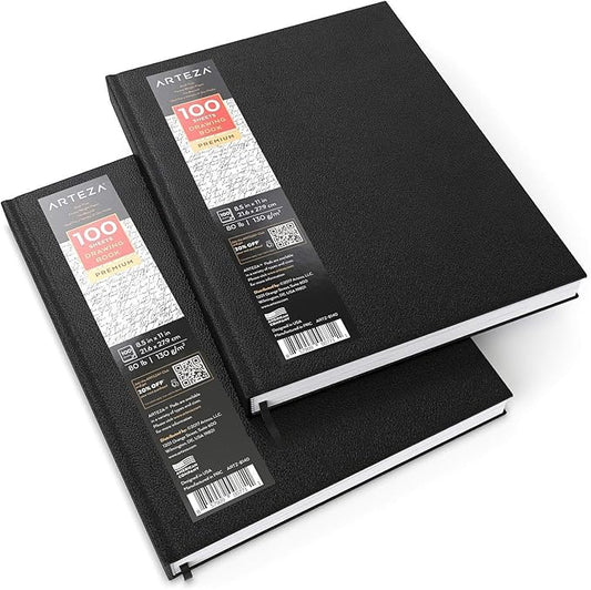 ARTEZA Hardcover Sketchbooks, Pack of 2, 8.5 x 11 in, 100 Sheets Each, 80 lb / 130 GSM, Acid-Free Fine-Tooth Drawing Paper, Faux Leather Hardbound for Graphite, Colored Pencil, Charcoal, Pastel & Ink