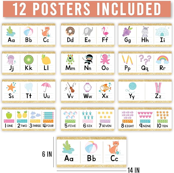 Hadley Designs Alphabet for Classroom Wall Decor - ABC Posters for Classroom Wall Chart Preschool & Kindergarten, ABC Letters & Number Line Elementary, Alphabet Cards, Varsity Letter Classroom Decor