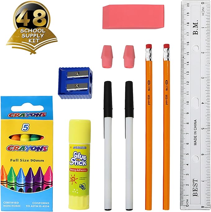 16 Piece Bulk School Supplies Kits - Pens, Pencils, Crayons, and More - Value Pack of 48 Kits - Essential Box of School Supplies for Elementary, Middle, and High School Students