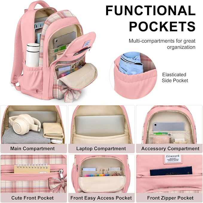 School Backpack for Teen Girls: Cute Bookbags Middle High School College Casual Back Pack 15.6 inch Laptop Backpacks Vintage Bags Women Travel Daypacks Mochilas Escolares Pink