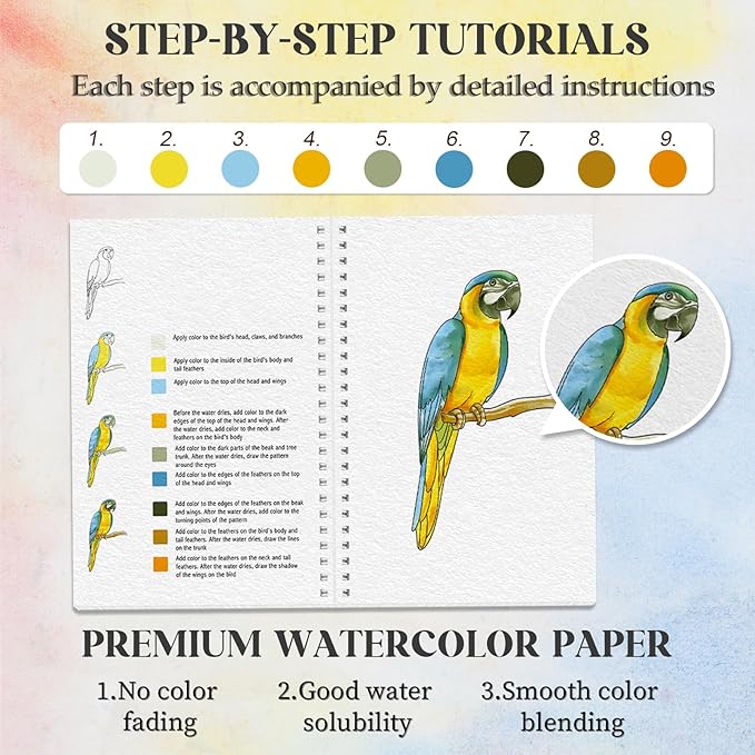 2Pcs Watercolor Workbook Beginner-Friendly Watercolor Workbook with Step by Step for Adults for Adults with 12 Colors Paint, Watercolor Paper, Beginner Watercolor Painting Kit Valentine's Day Gift