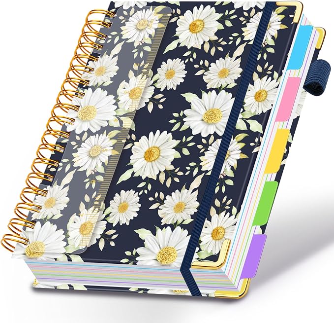 Spiral Journal Notebooks for Work, 300 Pages 5 Subject Notebook College Ruled with Dividers & Tabs, A5 Notebook Journal for Women Students Note-Taking and Organizer (White Daisy)