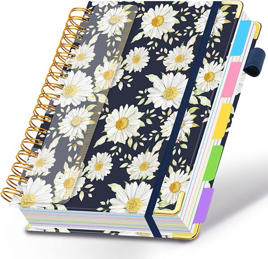 Spiral Journal Notebooks for Work, 300 Pages 5 Subject Notebook College Ruled with Dividers & Tabs, A5 Notebook Journal for Women Students Note-Taking and Organizer (White Daisy)